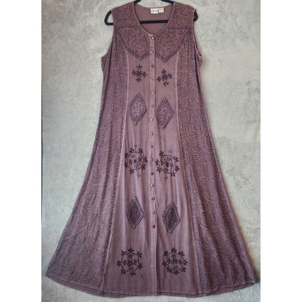 Olivia Dress Womens Large Mauve Embroidered Button Front Sleeveless Boho Maxi